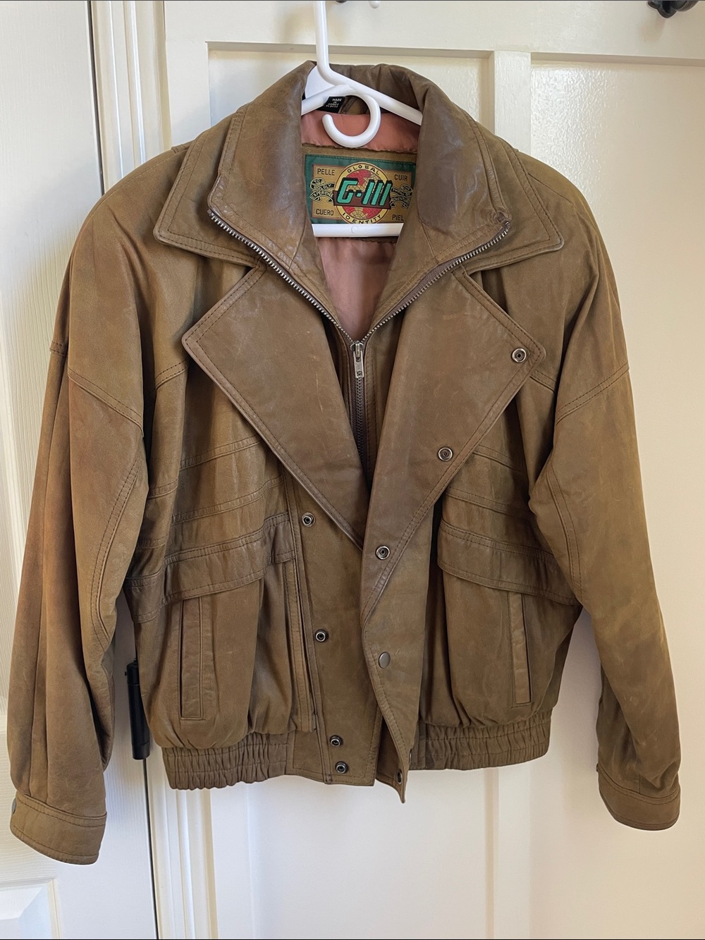 Vintage-Inspired Brown Leather Bomber Jacket by